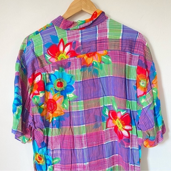 JAMS WORLD Hawaiian Shirt 80s Pop Art Bold Floral Colorful Plaid Print Large - Picture 6 of 11